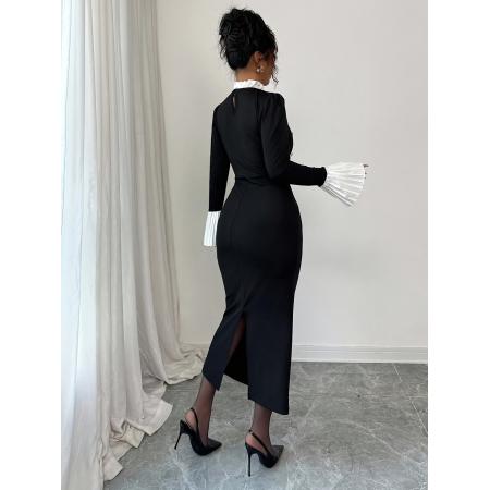 FA45975# 女士秋冬季新款优雅荷叶边撞色金色纽扣装饰针织修身长裙适合约会 服裝批發女裝批發服飾貨源