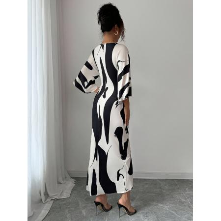 FA45977# 女士杏色底色印花针织V领收腰扭结设计收腰修身不规则下摆连衣裙 服裝批發女裝批發服飾貨源