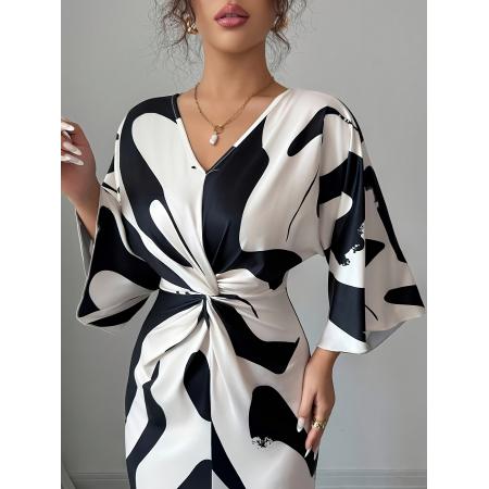 FA45977# 女士杏色底色印花针织V领收腰扭结设计收腰修身不规则下摆连衣裙 服裝批發女裝批發服飾貨源