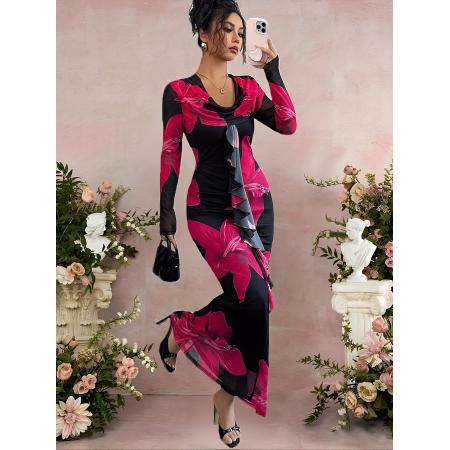 FA45978# 女士秋冬季新款优雅网眼花卉印花双层领长袖荷叶边下摆修身连衣裙 服裝批發女裝批發服飾貨源