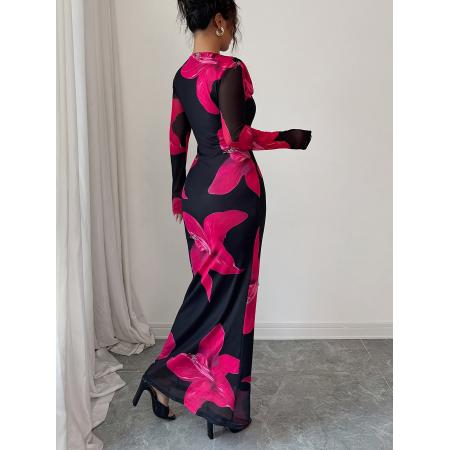 FA45978# 女士秋冬季新款优雅网眼花卉印花双层领长袖荷叶边下摆修身连衣裙 服裝批發女裝批發服飾貨源