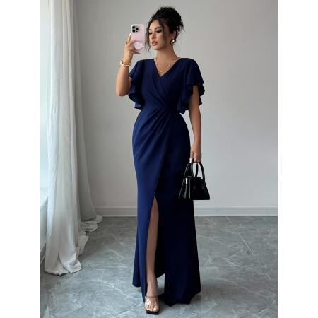 FA45979# 女士优雅浪漫荷叶边袖V领收腰修身开衩下摆长款连衣裙适合约会 服裝批發女裝批發服飾貨源