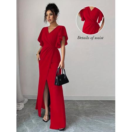 FA45979# 女士优雅浪漫荷叶边袖V领收腰修身开衩下摆长款连衣裙适合约会 服裝批發女裝批發服飾貨源