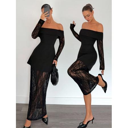 女士优雅性感净色蕾丝拼接露肩收...