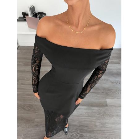 FA45980# 女士优雅性感净色蕾丝拼接露肩收腰长款连衣裙适合约会参加婚礼 服裝批發女裝批發服飾貨源