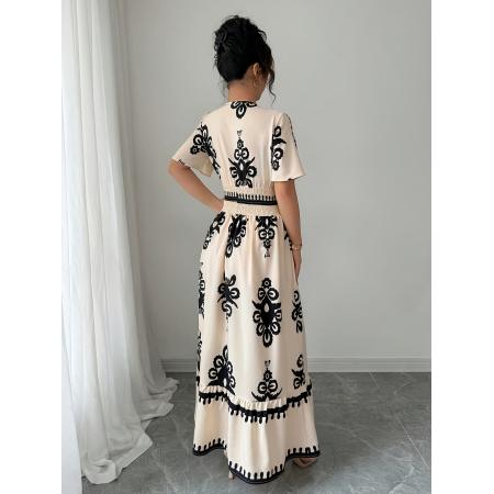 FA45981# 外贸复古印花V领打揽收腰A摆长款连衣裙 服裝批發女裝批發服飾貨源