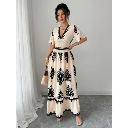 FA45981# 外贸复古印花V领打揽收腰A摆长款连衣裙 服裝批發女裝批發服飾貨源