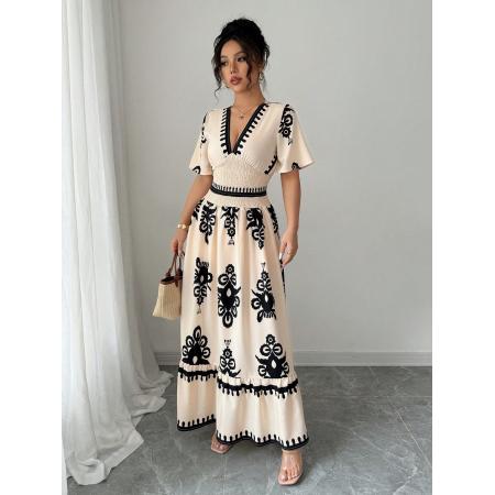 FA45981# 外贸复古印花V领打揽收腰A摆长款连衣裙 服裝批發女裝批發服飾貨源