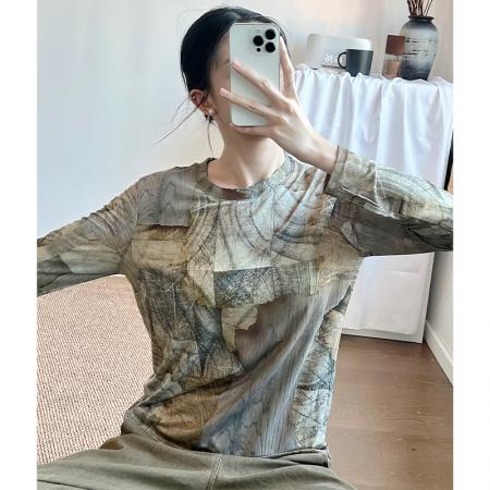 FA45983# 秋冬时尚洋气高弹网纱长袖T恤印花圆领百搭上衣小衫女装 服裝批發女裝批發服飾貨源