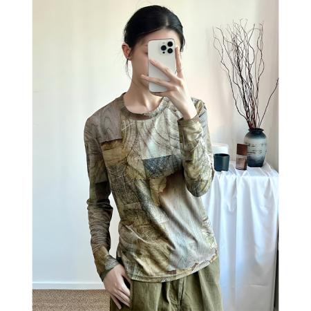 FA45983# 秋冬时尚洋气高弹网纱长袖T恤印花圆领百搭上衣小衫女装 服裝批發女裝批發服飾貨源