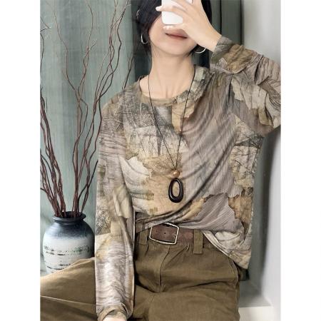 FA45983# 秋冬时尚洋气高弹网纱长袖T恤印花圆领百搭上衣小衫女装 服裝批發女裝批發服飾貨源