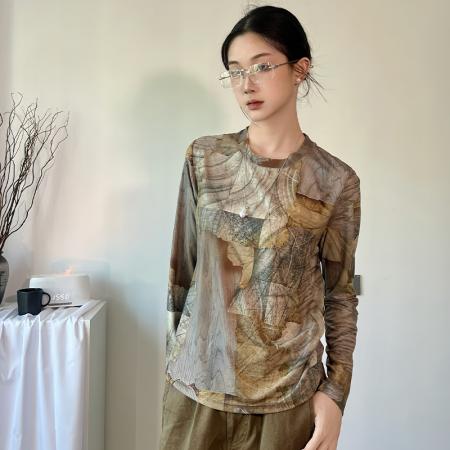 FA45983# 秋冬时尚洋气高弹网纱长袖T恤印花圆领百搭上衣小衫女装 服裝批發女裝批發服飾貨源