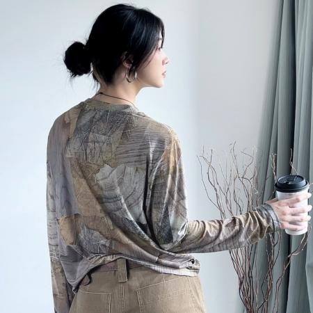 FA45983# 秋冬时尚洋气高弹网纱长袖T恤印花圆领百搭上衣小衫女装 服裝批發女裝批發服飾貨源