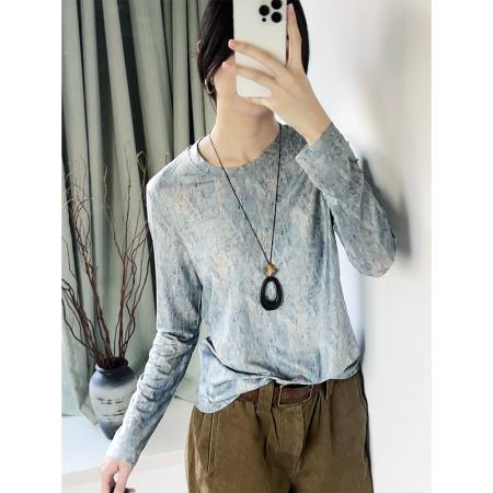 FA45984# 秋冬时尚洋气高弹网纱长袖T恤印花圆领百搭上衣小衫女装 服裝批發女裝批發服飾貨源