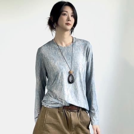 FA45984# 秋冬时尚洋气高弹网纱长袖T恤印花圆领百搭上衣小衫女装 服裝批發女裝批發服飾貨源