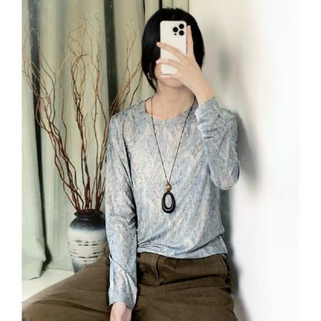 FA45984# 秋冬时尚洋气高弹网纱长袖T恤印花圆领百搭上衣小衫女装 服裝批發女裝批發服飾貨源