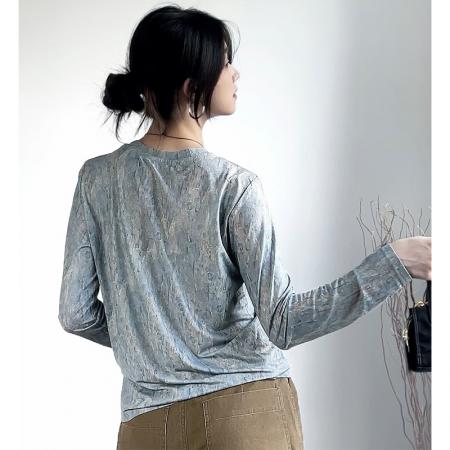 FA45984# 秋冬时尚洋气高弹网纱长袖T恤印花圆领百搭上衣小衫女装 服裝批發女裝批發服飾貨源