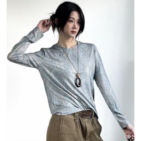 FA45984# 秋冬时尚洋气高弹网纱长袖T恤印花圆领百搭上衣小衫女装 服裝批發女裝批發服飾貨源