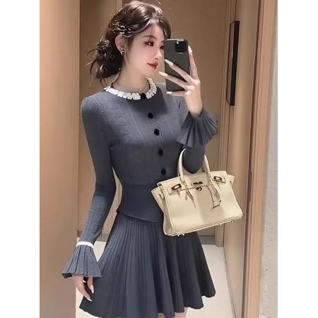 FA45985# 小香风灰色套装女新款秋季女神范穿搭针织上衣半身裙两件套 服裝批發女裝批發服飾貨源