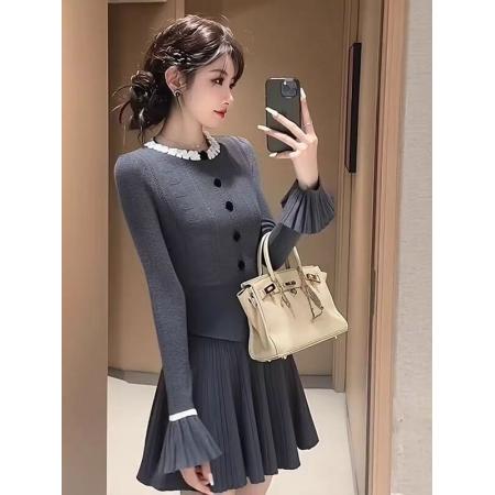 FA45985# 小香风灰色套装女新款秋季女神范穿搭针织上衣半身裙两件套 服裝批發女裝批發服飾貨源