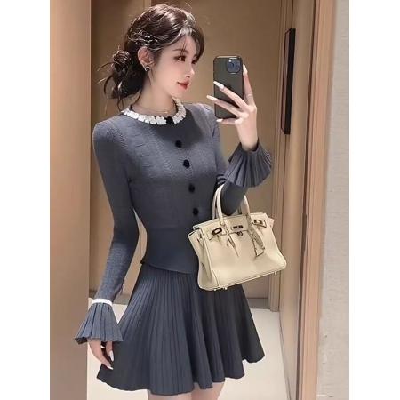 FA45985# 小香风灰色套装女新款秋季女神范穿搭针织上衣半身裙两件套 服裝批發女裝批發服飾貨源