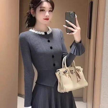 FA45985# 小香风灰色套装女新款秋季女神范穿搭针织上衣半身裙两件套 服裝批發女裝批發服飾貨源