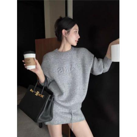 FA45989# 韩系时尚套装女灰色宽松休闲毛衣针织衫冬季高腰包臀裙短裙两件套 服裝批發女裝批發服飾貨源