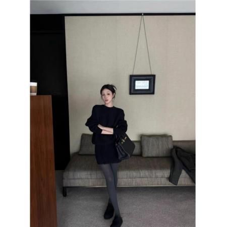 FA45989# 韩系时尚套装女灰色宽松休闲毛衣针织衫冬季高腰包臀裙短裙两件套 服裝批發女裝批發服飾貨源