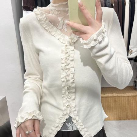 FA45990# 秋冬花瓣设计网纱拼接V领假两件长袖修身气质打底衫女 服裝批發女裝批發服飾貨源