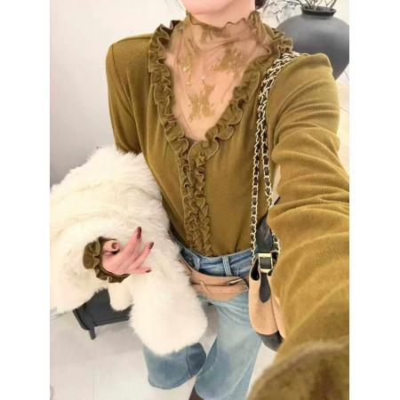 FA45990# 秋冬花瓣设计网纱拼接V领假两件长袖修身气质打底衫女 服裝批發女裝批發服飾貨源