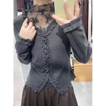 FA45990# 秋冬花瓣设计网纱拼接V领假两件长袖修身气质打底衫女 服裝批發女裝批發服飾貨源