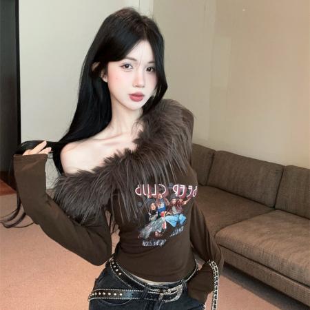 FA45991# 辣妹毛毛领长袖T恤针织印花修身显瘦上衣 服裝批發女裝批發服飾貨源