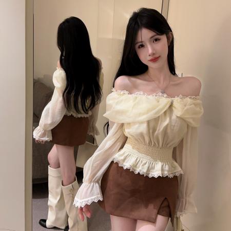 FA45993# 喇叭袖一字肩蕾丝拼接雪纺衫女秋装气质辣妹性感上衣 服裝批發女裝批發服飾貨源