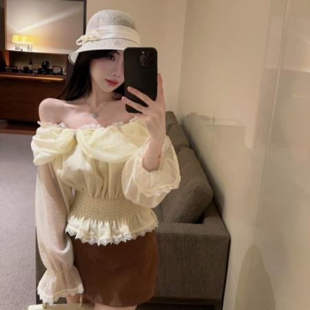 FA45993# 喇叭袖一字肩蕾丝拼接雪纺衫女秋装气质辣妹性感上衣 服裝批發女裝批發服飾貨源