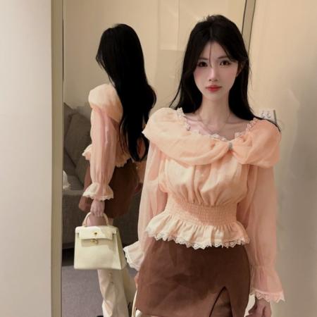 FA45993# 喇叭袖一字肩蕾丝拼接雪纺衫女秋装气质辣妹性感上衣 服裝批發女裝批發服飾貨源