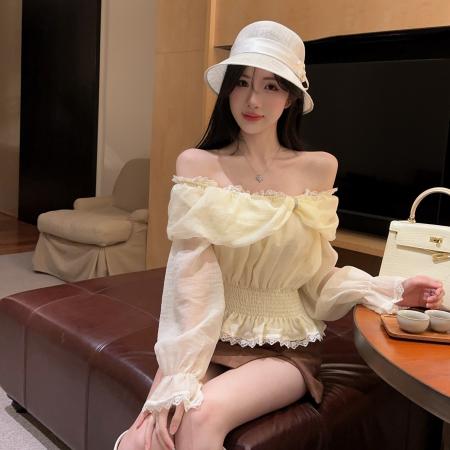 FA45993# 喇叭袖一字肩蕾丝拼接雪纺衫女秋装气质辣妹性感上衣 服裝批發女裝批發服飾貨源