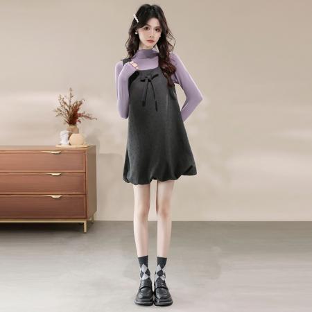 FA45996# 冬季韩系甜美蝴蝶结呢子背心裙配毛衣两件套 服裝批發女裝批發服飾貨源
