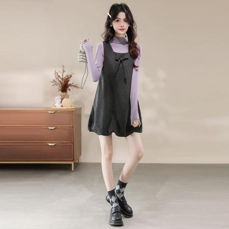 FA45996# 冬季韩系甜美蝴蝶结呢子背心裙配毛衣两件套 服裝批發女裝批發服飾貨源