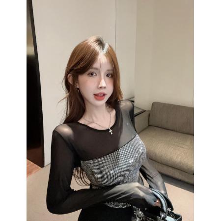 FA45997# 网纱打底衫内搭秋冬薄款重工烫钻长袖t恤女性感上衣 服裝批發女裝批發服飾貨源