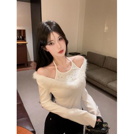 FA45998# 月光白纯色性感挂脖露肩长袖毛毛假两件修身上衣 服裝批發女裝批發服飾貨源