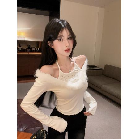 FA45998# 月光白纯色性感挂脖露肩长袖毛毛假两件修身上衣 服裝批發女裝批發服飾貨源