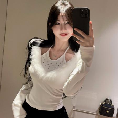 FA45998# 月光白纯色性感挂脖露肩长袖毛毛假两件修身上衣 服裝批發女裝批發服飾貨源