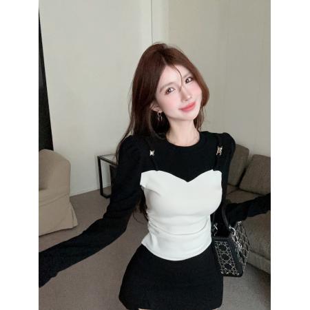 FA46000# 新款韩版修身显瘦百搭设计感拼色短款长袖圆领T恤女潮 服裝批發女裝批發服飾貨源