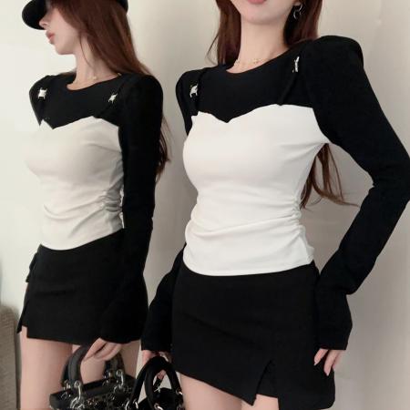 FA46000# 新款韩版修身显瘦百搭设计感拼色短款长袖圆领T恤女潮 服裝批發女裝批發服飾貨源