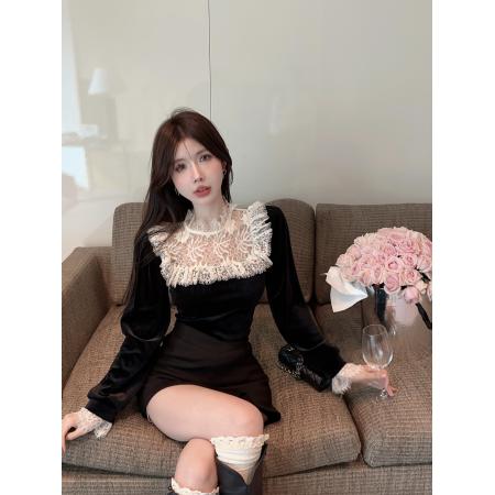 FA46001# 蕾丝拼接丝绒衬衫法式气质修身长袖衬衣设计感小众上衣 服裝批發女裝批發服飾貨源