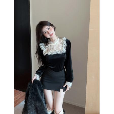 FA46001# 蕾丝拼接丝绒衬衫法式气质修身长袖衬衣设计感小众上衣 服裝批發女裝批發服飾貨源