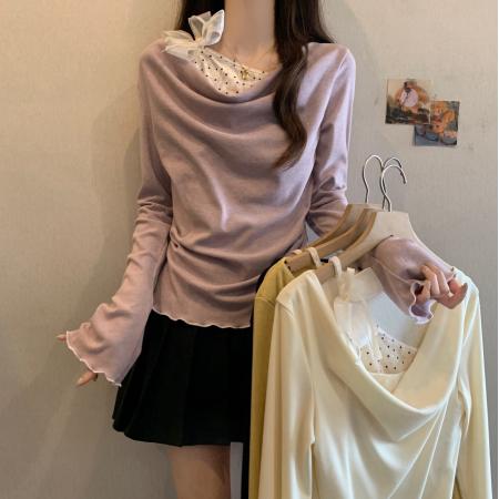 FA46002# 大码女装复古假两件一字肩荡领露肩针织衫女秋冬胖MM显瘦遮肉上衣 服裝批發女裝批發服飾貨源