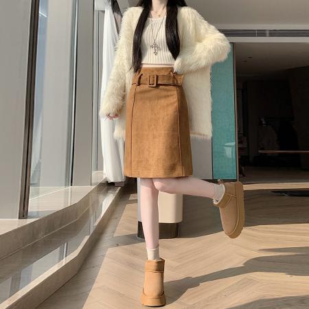 FA46003# 秋冬新款包臀半身裙流行爆款中长款巨好看麂皮绒半身裙 服裝批發女裝批發服飾貨源