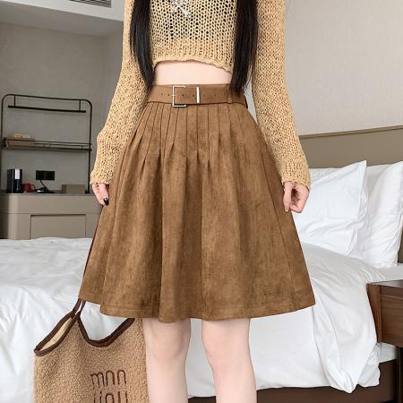 FA46004# 秋冬新款重工百搭实韩系休闲麂皮绒打条休闲半身裙配腰带 服裝批發女裝批發服飾貨源