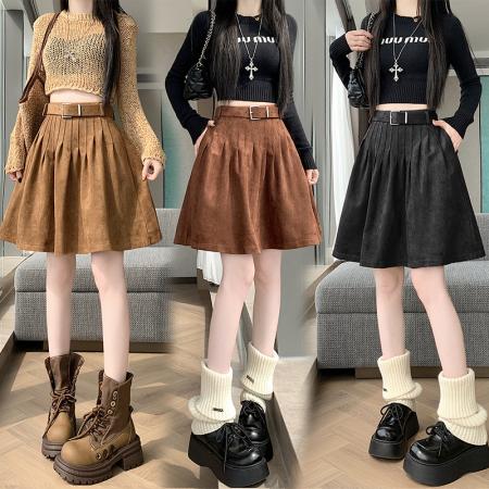 FA46004# 秋冬新款重工百搭实韩系休闲麂皮绒打条休闲半身裙配腰带 服裝批發女裝批發服飾貨源